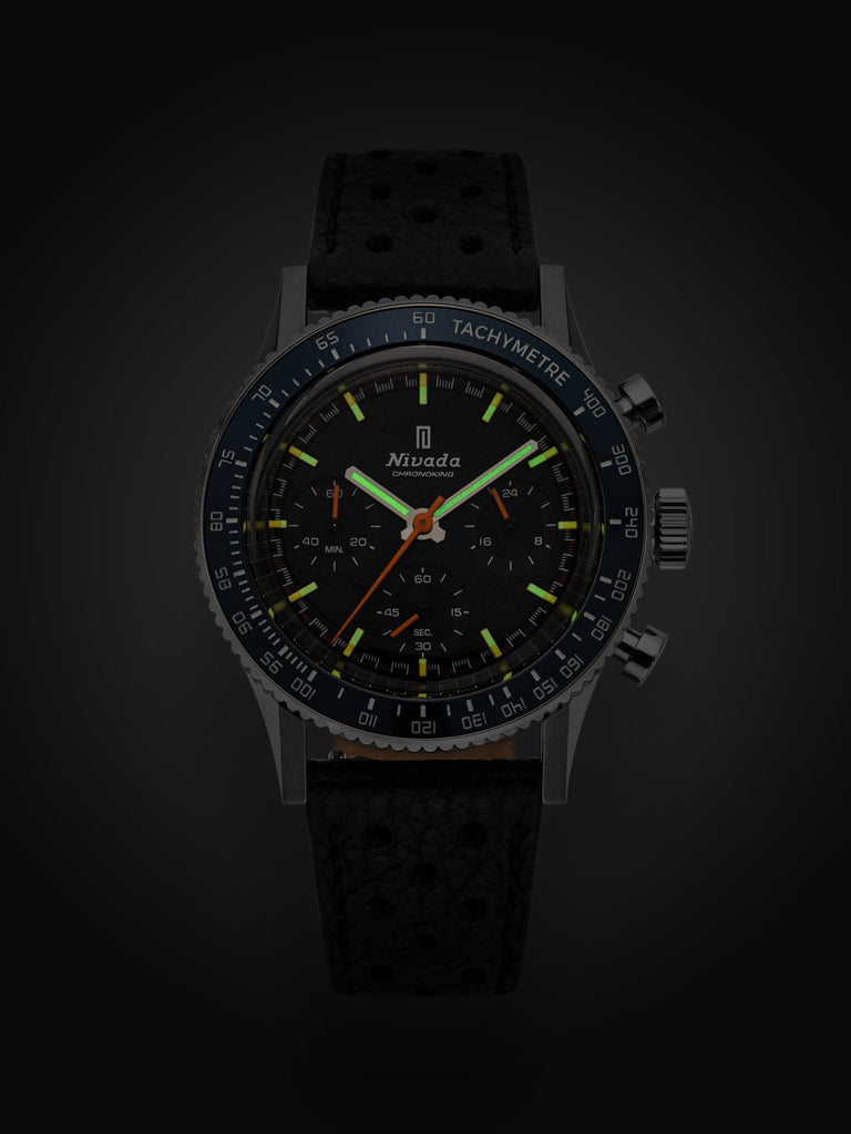 Nivada Grenchen CHRONOKING MECAQUARTZ - INTER.BEZEL Tachymeter on Black Leather