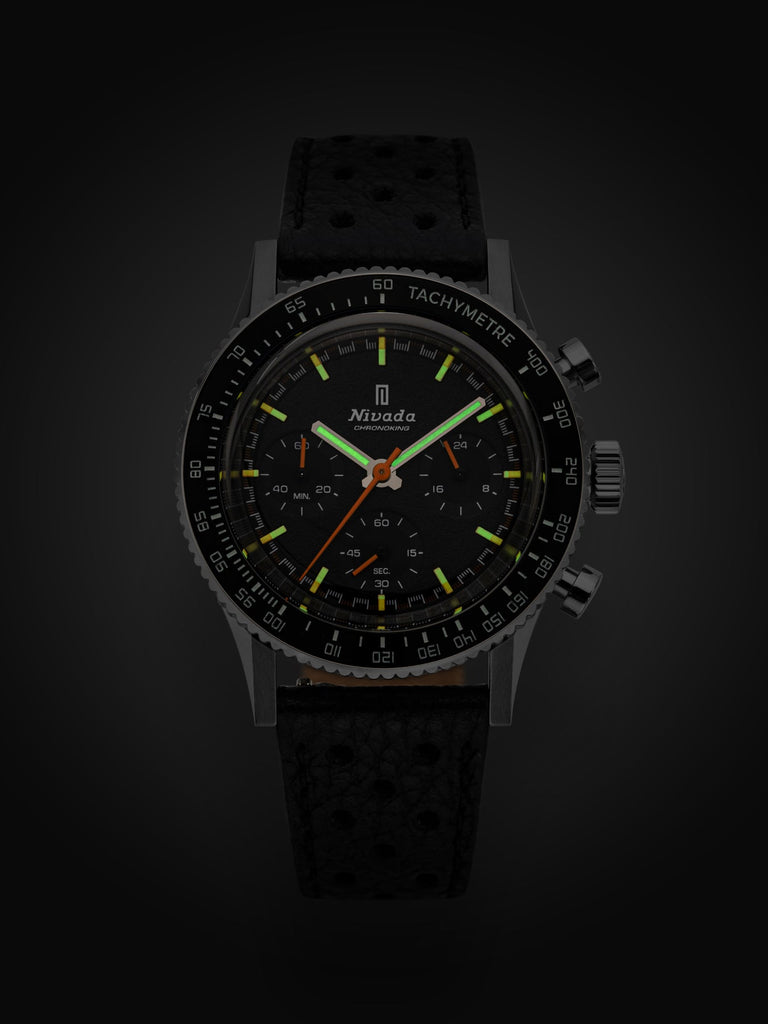 Nivada Grenchen CHRONOKING MECAQUARTZ - INTER.BEZEL Tachymeter on Black Leather