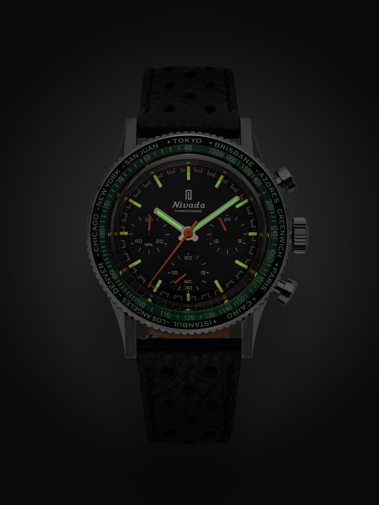 Nivada Grenchen CHRONOKING MECAQUARTZ - INTER.BEZEL GMT on Black Leather
