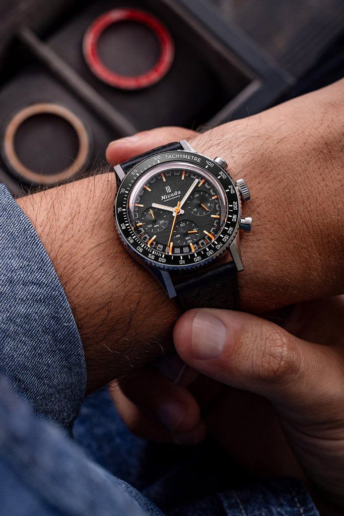 Nivada Grenchen CHRONOKING MECAQUARTZ - INTER.BEZEL GMT on Black Leather