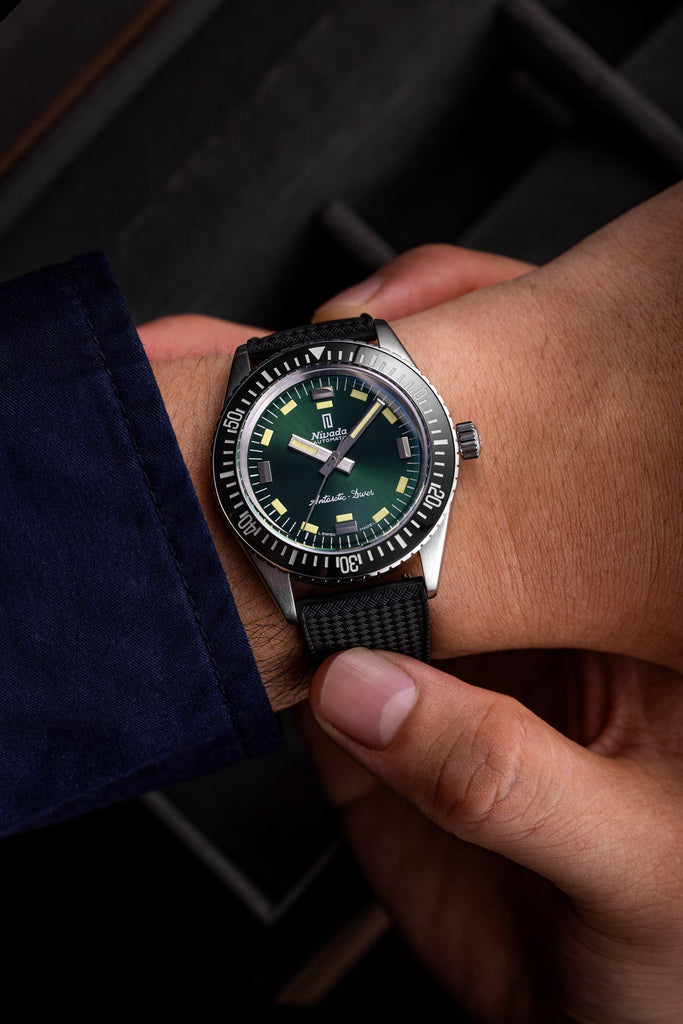 Nivada Antarctic Diver Green No Date Limited Edition 150 pieces with Black Leather Strap