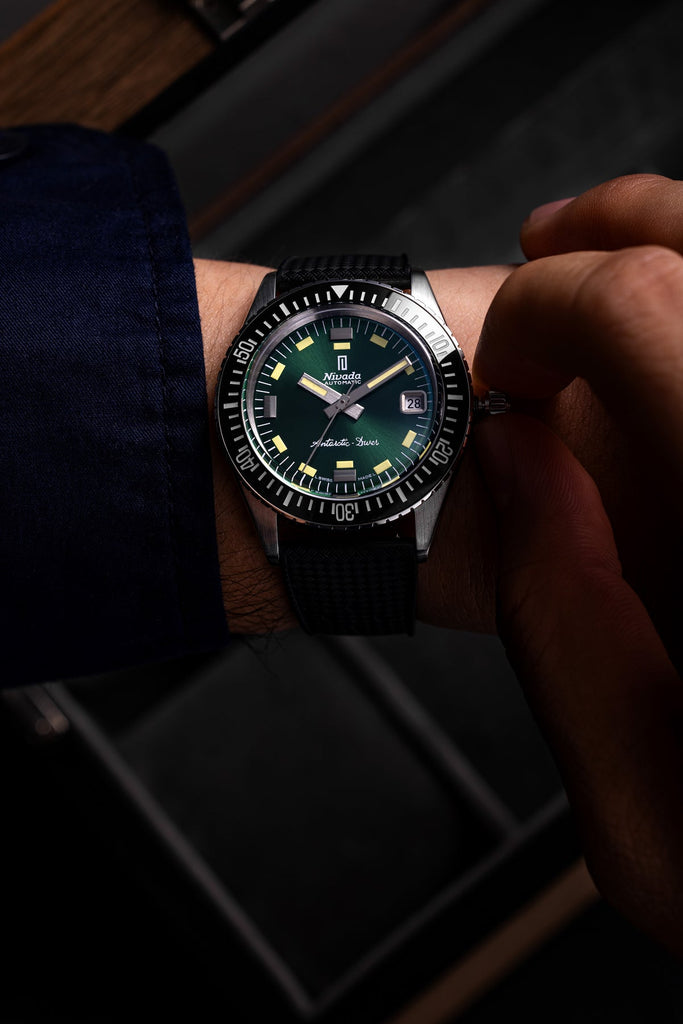 Nivada Antarctic Diver Green No Date Limited Edition 150 pieces with Black Leather Strap