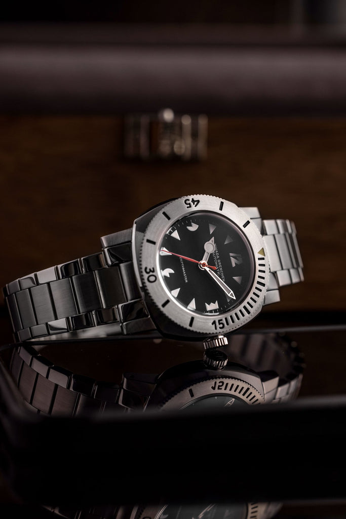 Nivada Grenchen Depthmaster White Pacman on Brown Leather Strap White Stitching