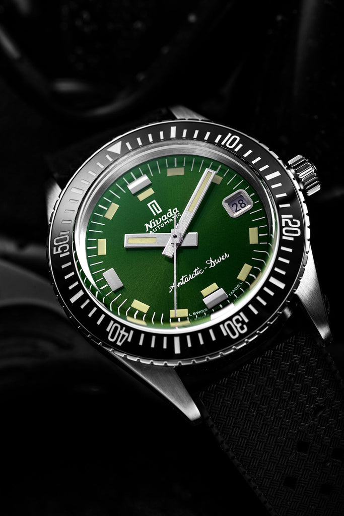 Nivada Antarctic Diver Green No Date Limited Edition 150 pieces with Black Leather Strap