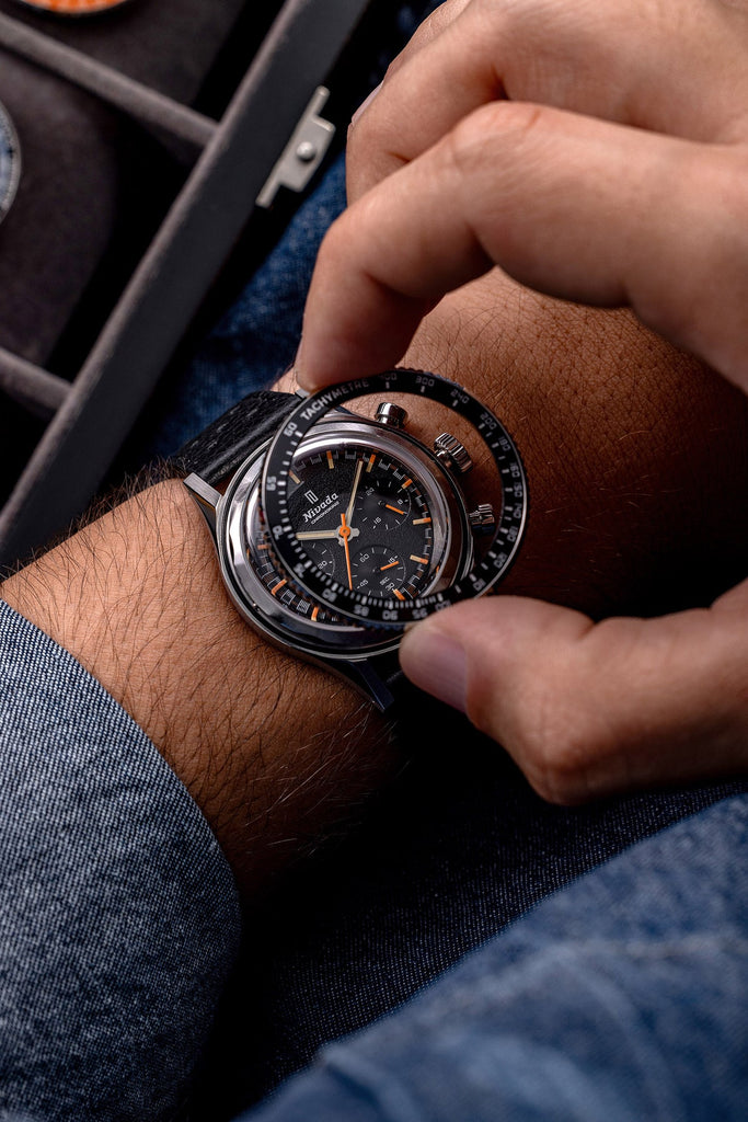 Nivada Grenchen CHRONOKING MECAQUARTZ - INTER.BEZEL Tachymeter on Black Leather