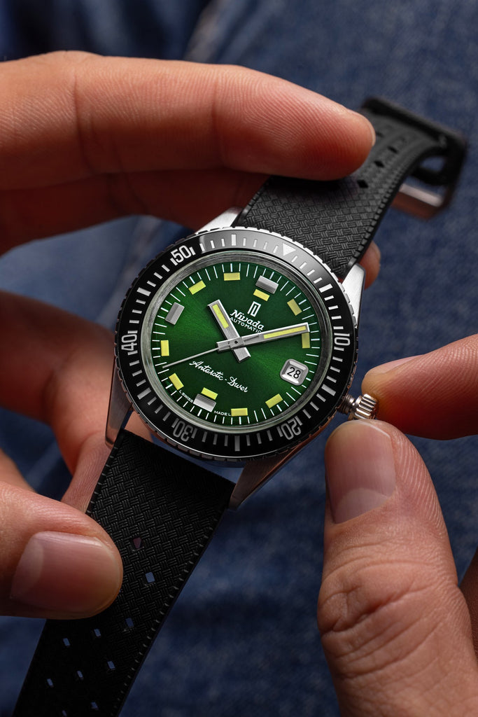 Nivada Antarctic Diver Green No Date Limited Edition 150 pieces with Black Leather Strap