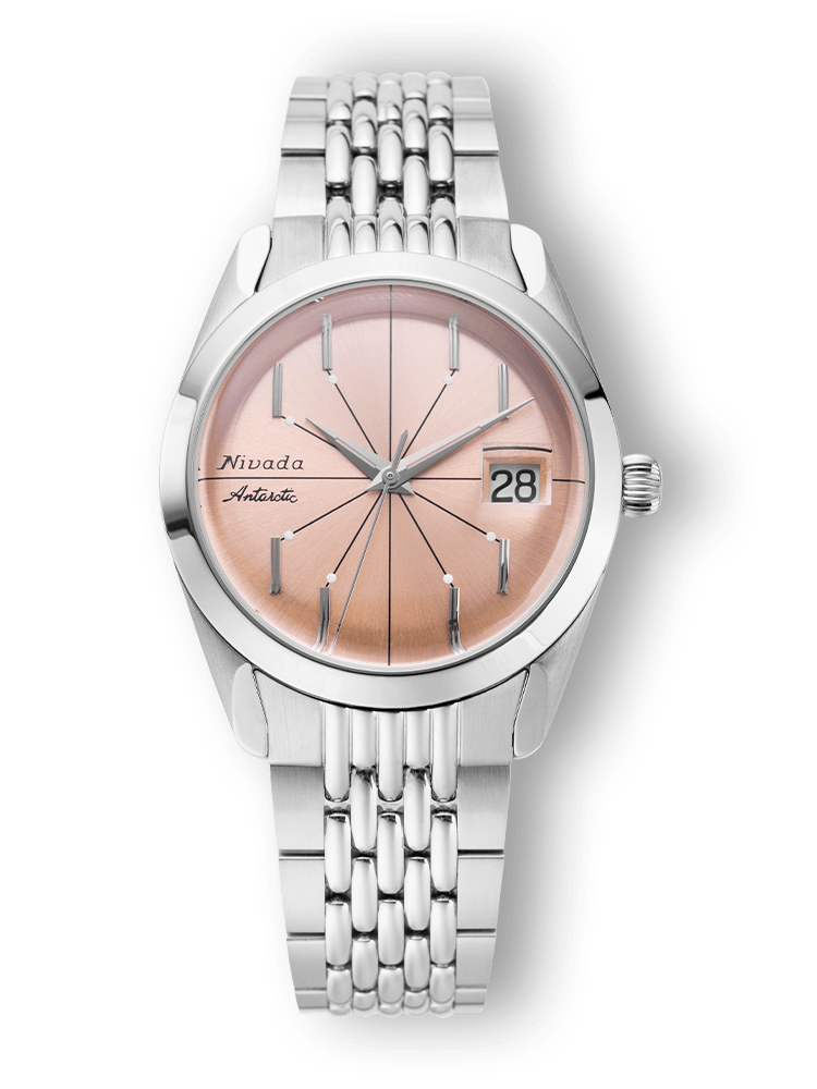 Nivada Grenchen Antarctic Spider Salmon With Date on Beads of Rice Bracelet