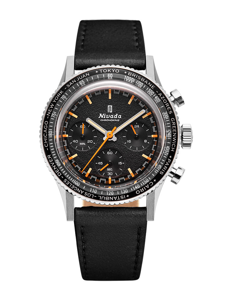 Nivada Grenchen CHRONOKING MECAQUARTZ - INTER.BEZEL GMT on Black Leather