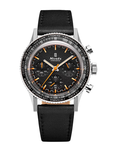 Nivada Grenchen CHRONOKING MECAQUARTZ - INTER.BEZEL GMT on Black Leather