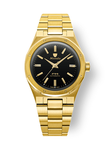 Nivada Grenchen F77 Mark II Gold Black Dial with Date on Bracelet