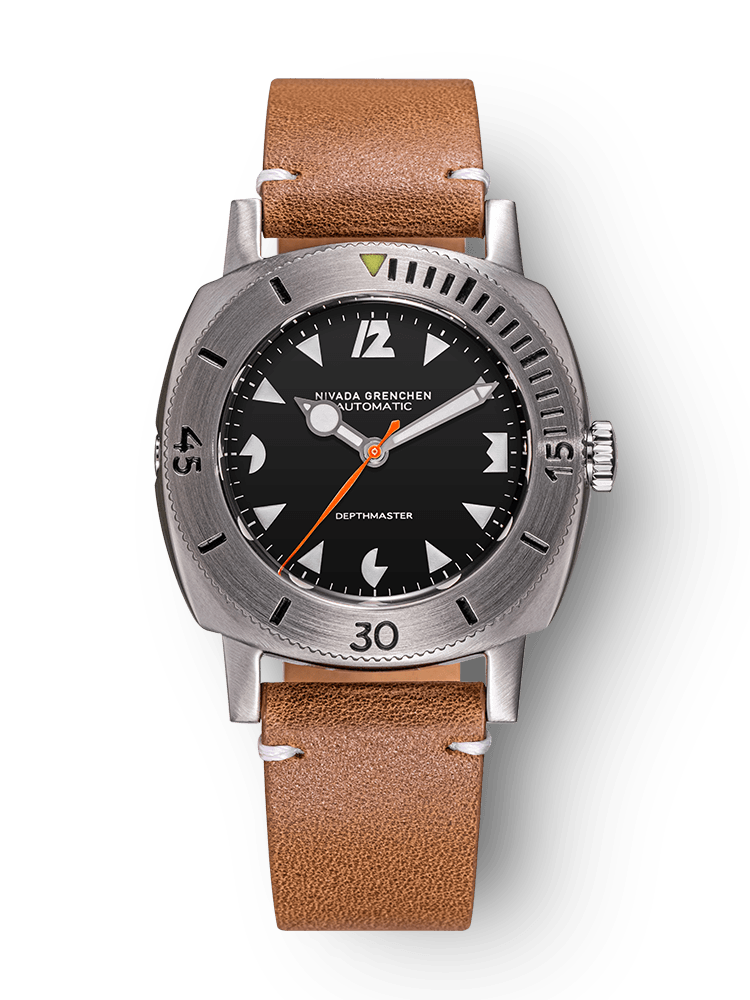 Nivada Grenchen Depthmaster White Pacman on Brown Leather Strap White Stitching