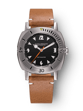 Load image into Gallery viewer, Nivada Grenchen Depthmaster White Pacman on Brown Leather Strap White Stitching
