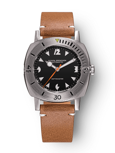 Nivada Grenchen Depthmaster White Pacman on Brown Leather Strap White Stitching